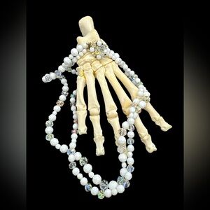 Vintage 60s AB Aurora Borealis Crystal and Milk glass Double Strand Necklace 22”